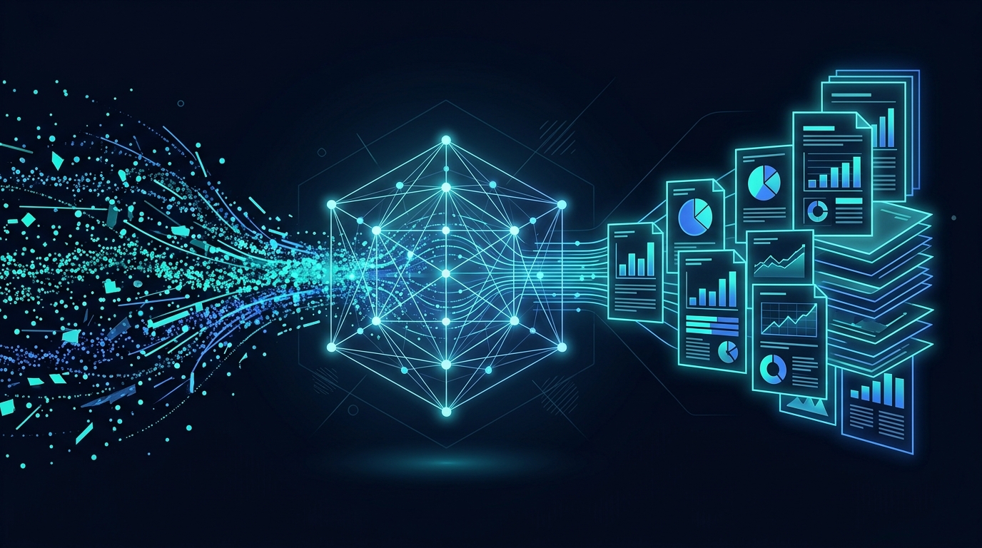 Editorial artwork for AIReportGen.com: The High-Intent Name for AI Reporting